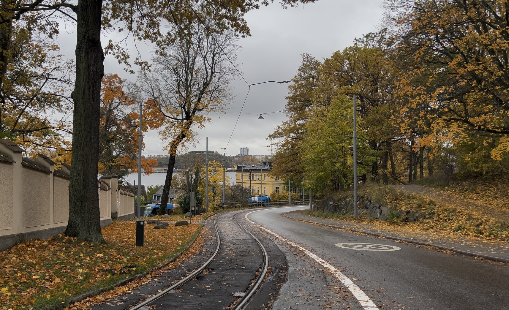 Tram tracks curving through autumn trees on Djurgården, Stockholm, under a grey sky