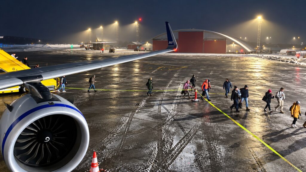 Passengers walking from the plane across a wet apron at night